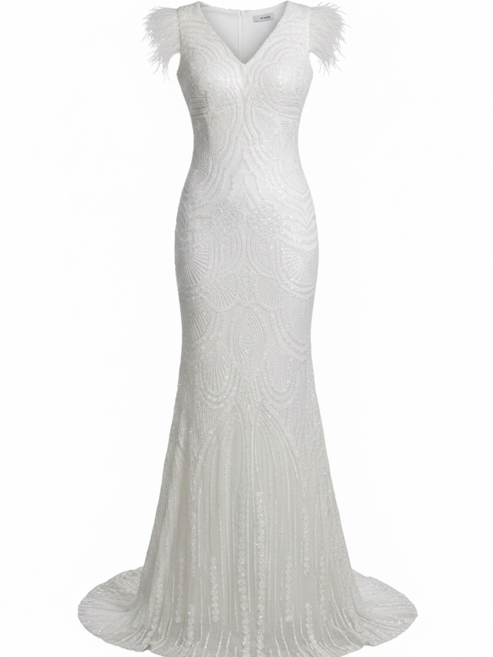 Fashion Nova White Sequined Feather Cap-Sleeve Formal Gown